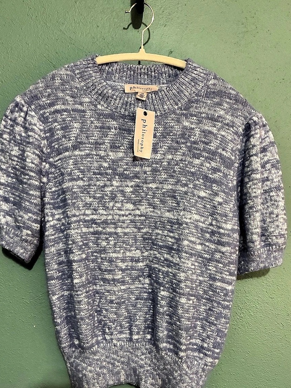 Philosophy Republic Clothing Marled Knit Puff Sleeve Sweater L NWT Blue